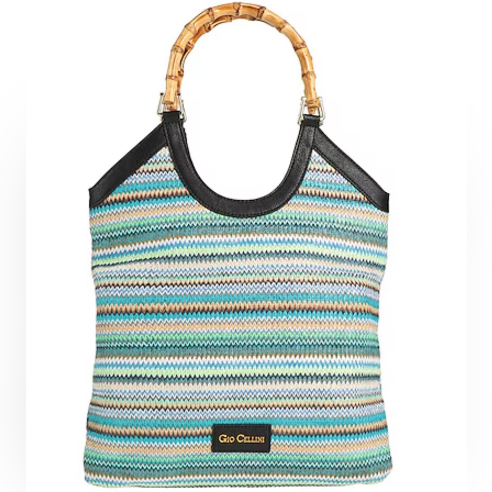 Gio Cellini Milano Rafia Stripe Handbag with Bamboo Handles